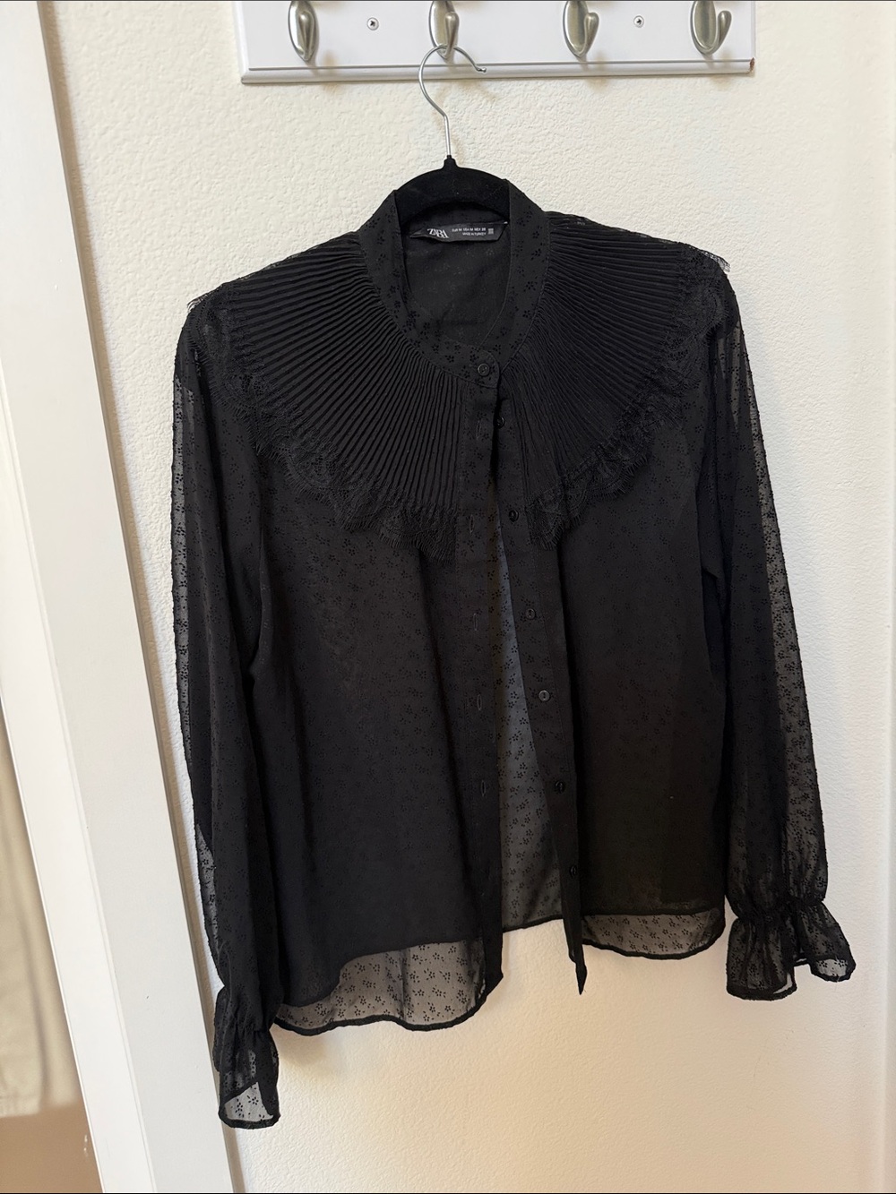 Zara Black Sheer Pleated Ruffle-Collar Button-Down Blouse